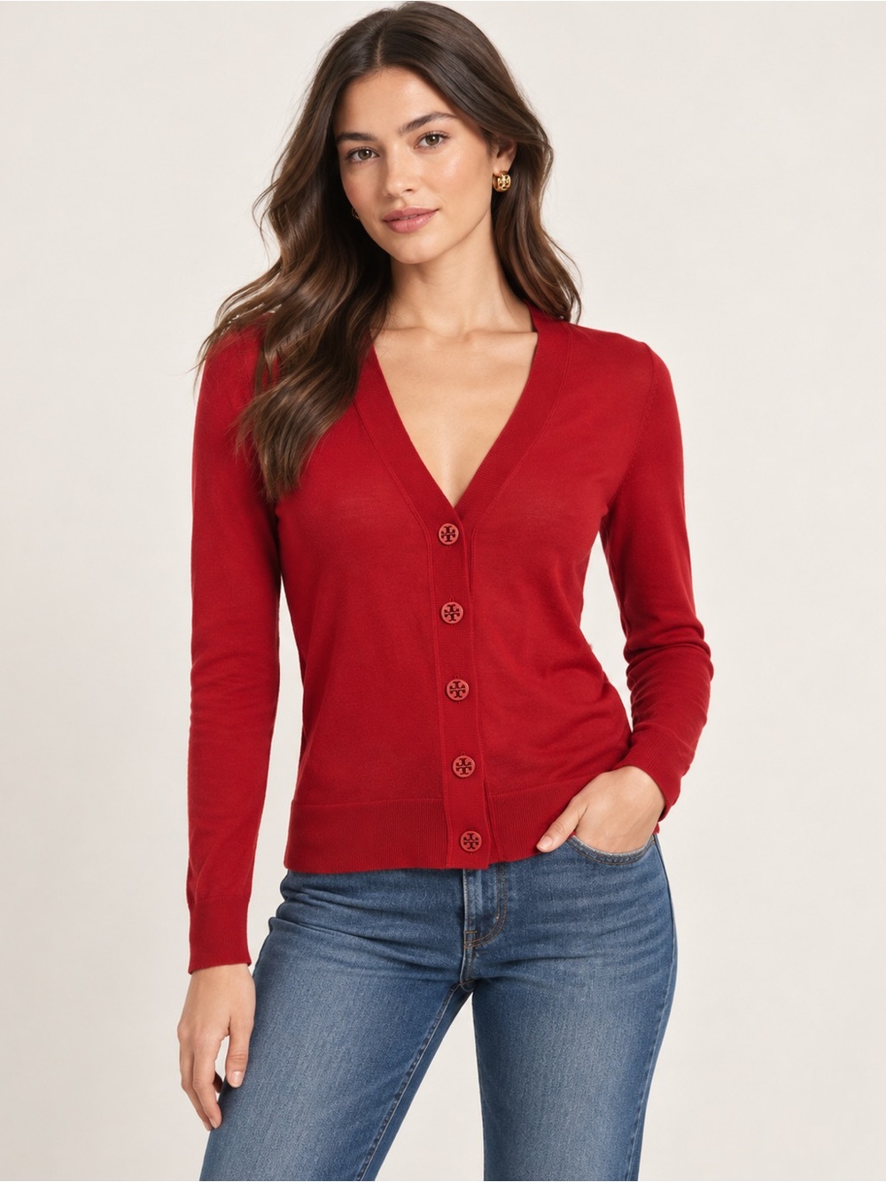 Tory Burch Red V-Neck Button Cardigan EUC